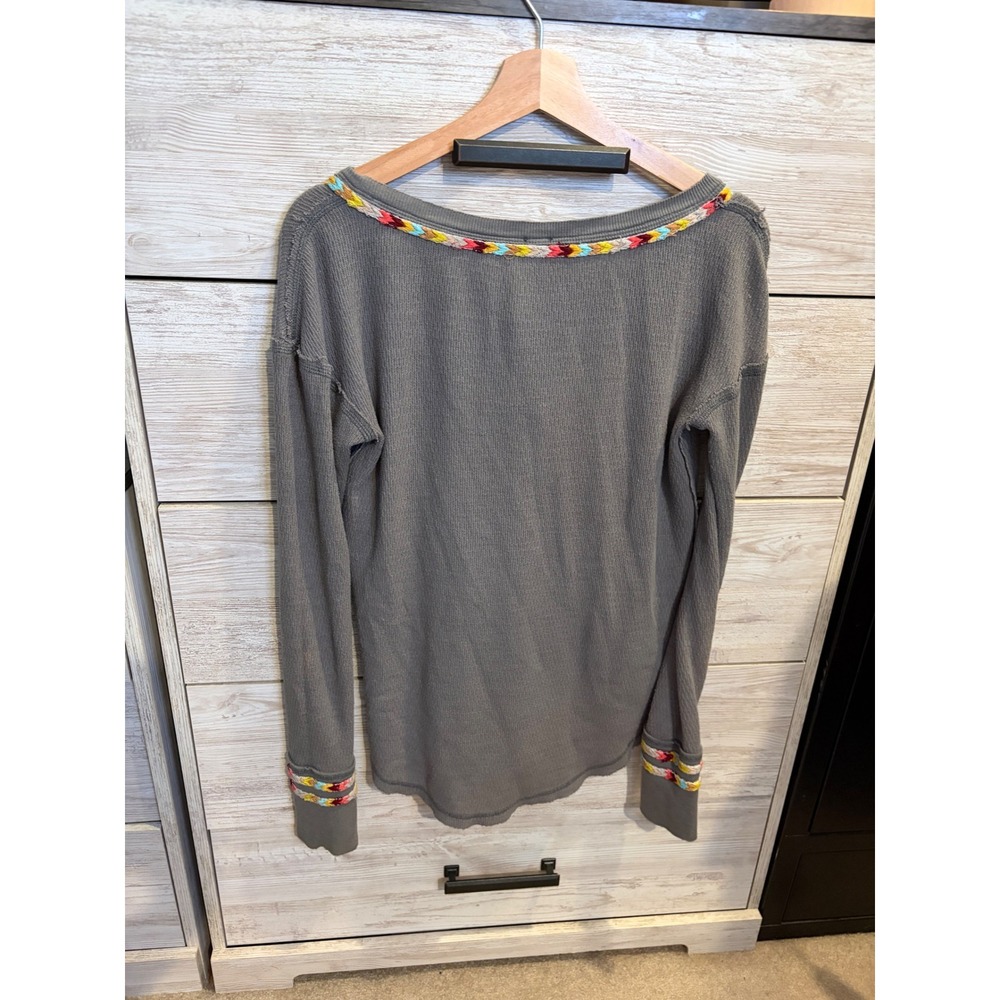 Free People We The Free Grey Waffle Knit Henley Embroidered Trim Thermal Small - Picture 5 of 6